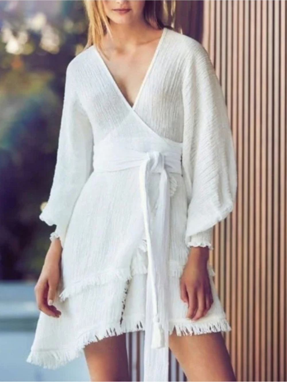 ALEXIS 100% Linen Soft White Mirza Crinkly Wrap Dress Small